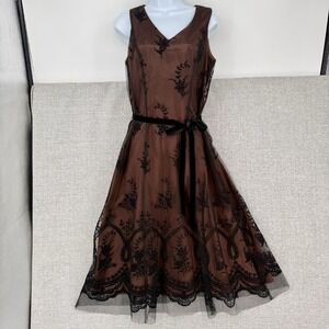 Vtg Dress Midi Gown 8P Brown Y2K Fairy Floral Bead 90S Nymph Lace sheer Prom